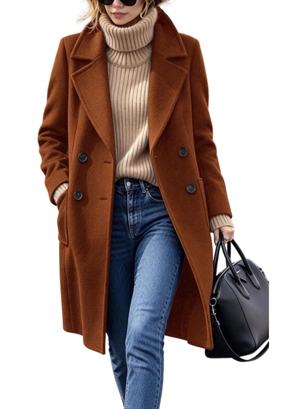 Women's Brown Notch Collar Long Sleeve Double Breasted Long Wool Pea Coats